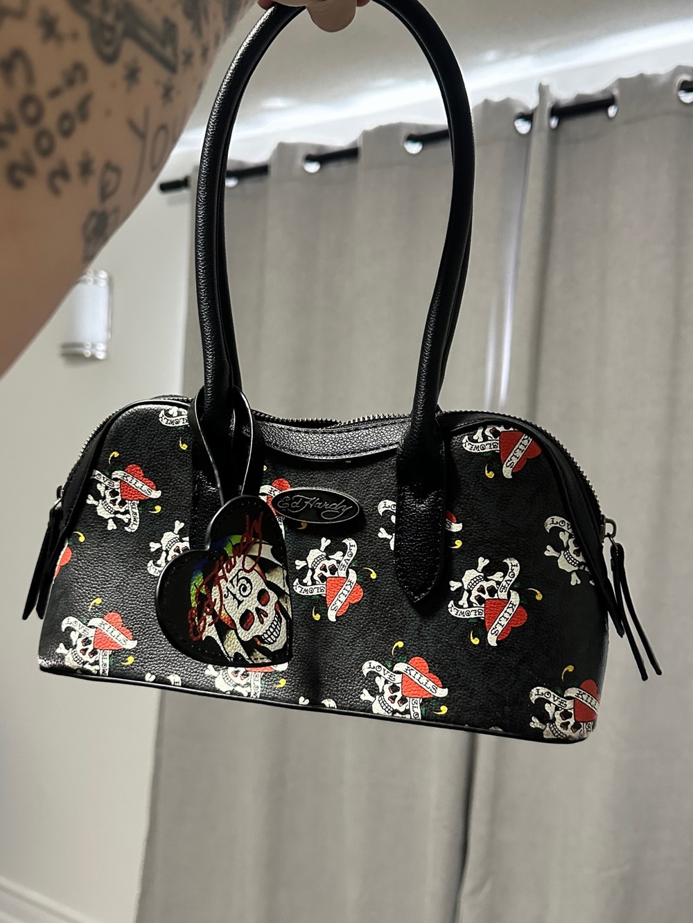 Ed Hardy Black Skull-and-Heart Printed Purse with Red Accents